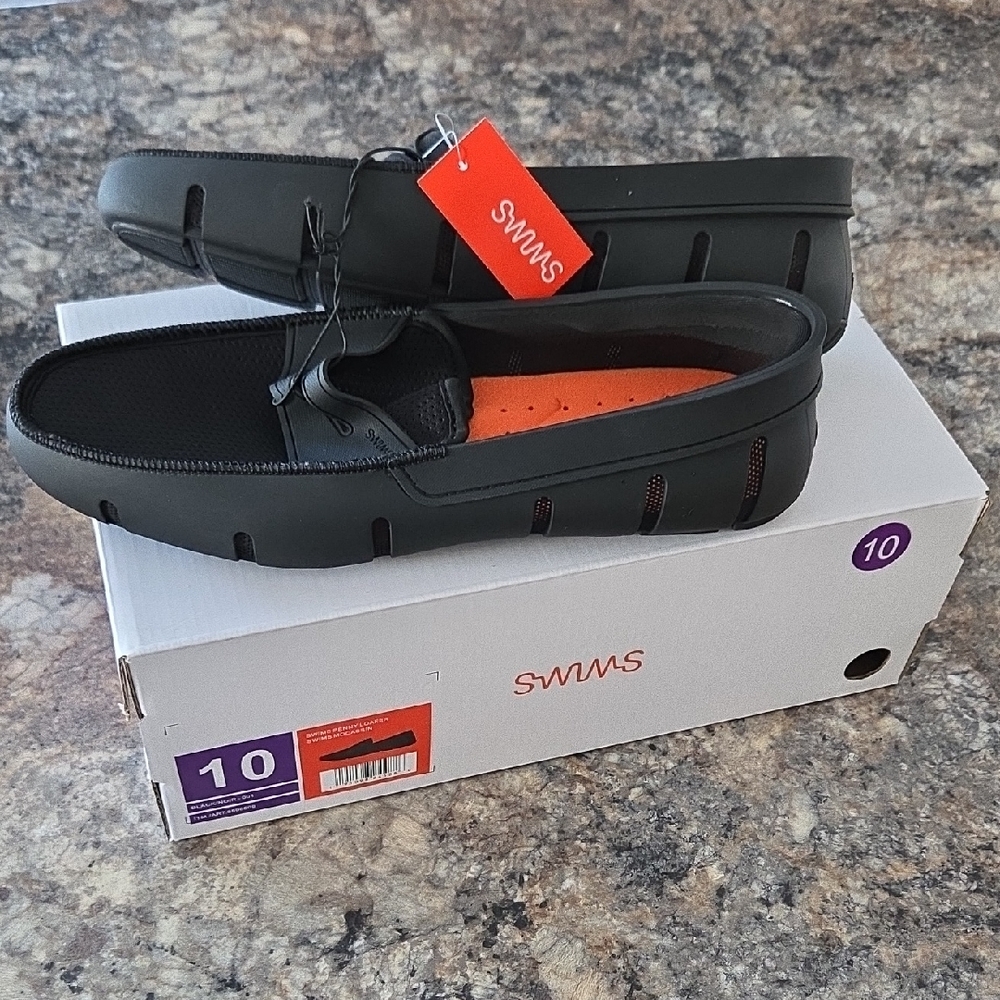 Swims Size 10 Men's NEW Black Penny Loafers Mocassins with Bright Orange Insole